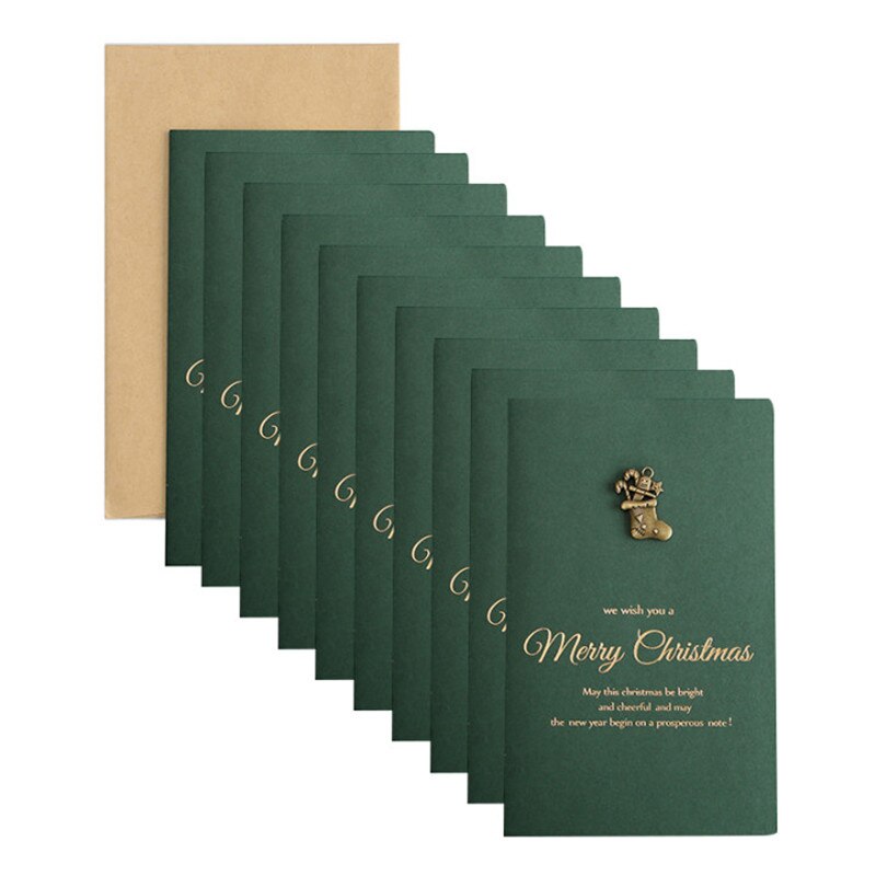 10Pcs/Set Vintage DIY Christmas Green Greeting Cards with Envelope Party Gold Embossed Invitation Postcards: Christmas Boots