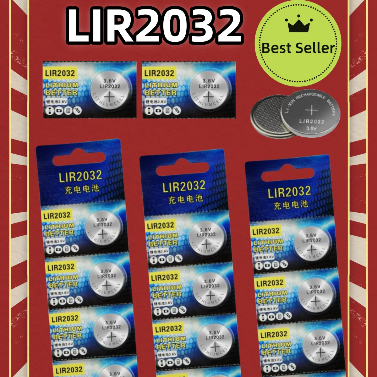 LIR2032 Rechargeable Battery 2032 Lithium charging Can Replace 3.6v 40mAH CR2032 for watches Coin Battery