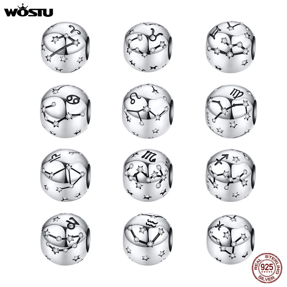 Cuentas de 12 constelación Aries de wastu, abalorios de Plata de Ley 925 CZ compatibles con pulseras DIY originales para la fabricación de joyas FIC1218