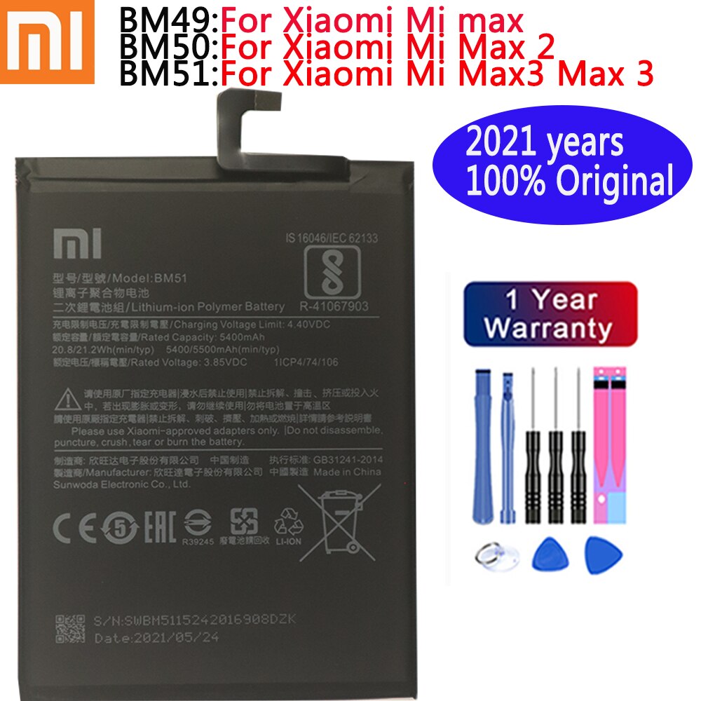 2021 anni 100% batteria originale Xiao mi BM49 BM50 BM51 per Xiaomi Max 2 3 Max2 Max3 batterie di ricambio per telefono di alta qualità
