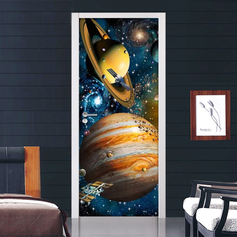 Selvklebende pvc dørklistremerke univers star sky planet 3d plakat fototapet for barnerom soverom dør veggmaleri klistremerker