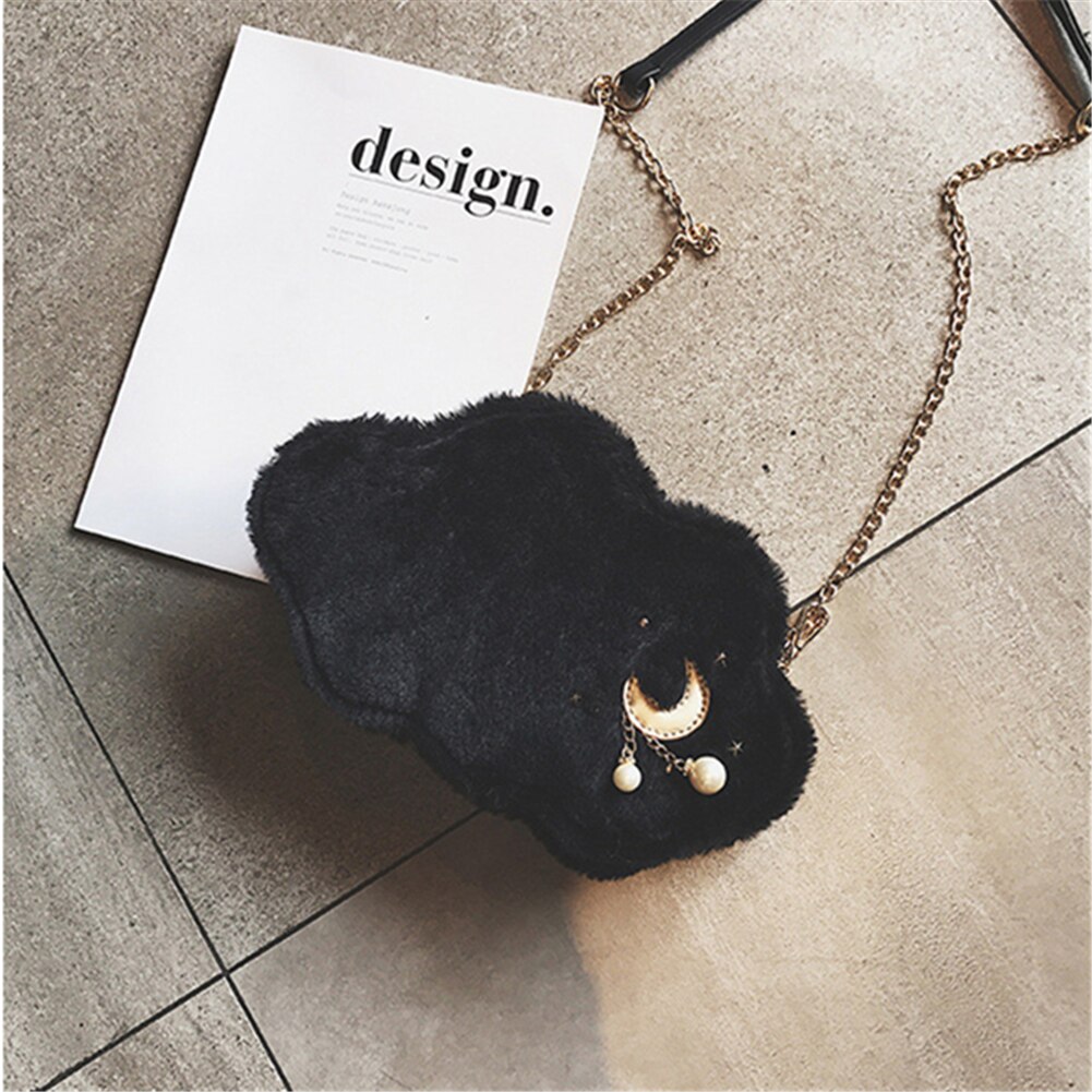 Damen-wintertasche mit niedlichem wolkenmuster, plüschtasche für damen und mädchen, umhängetasche, weiche handytasche: Schwarz