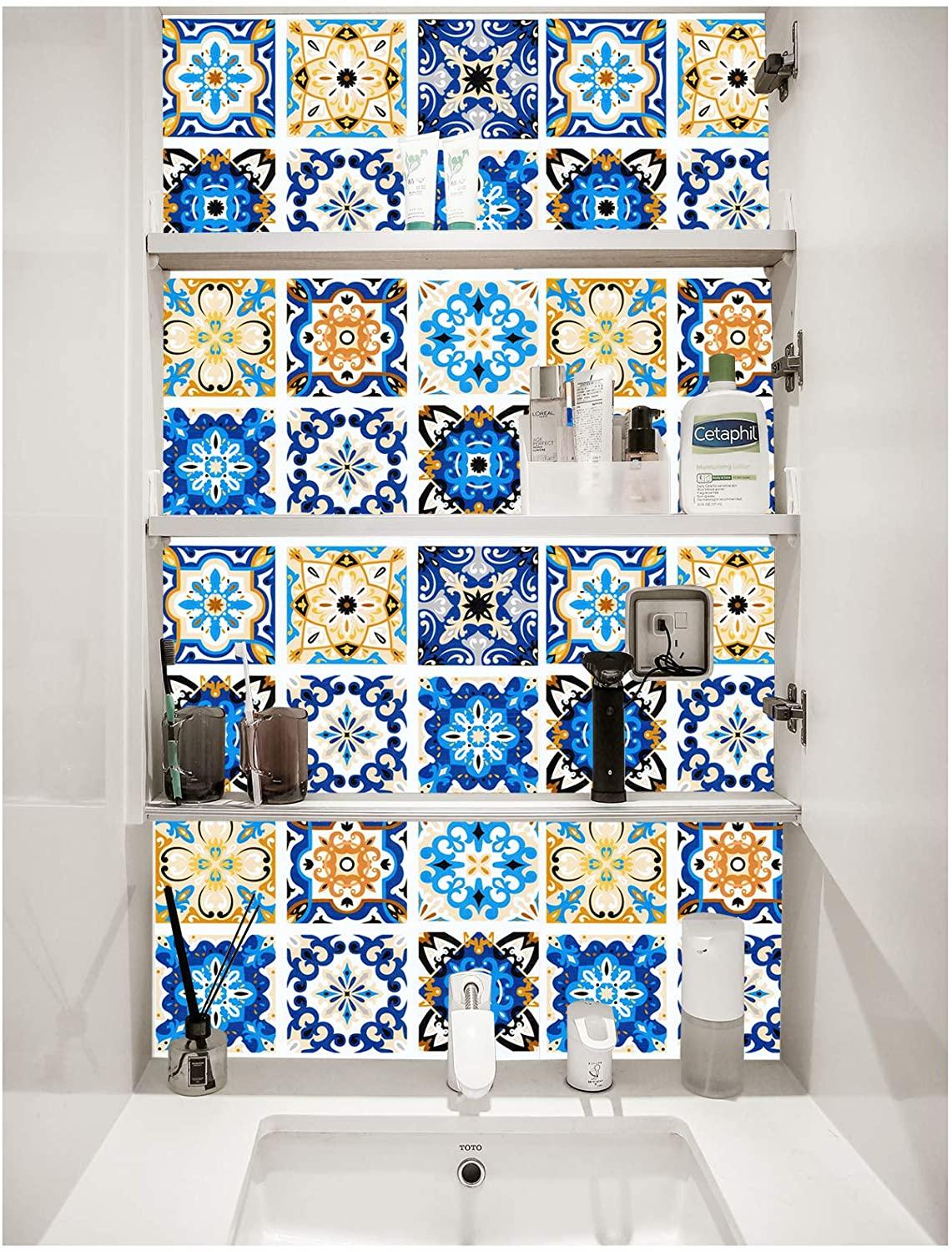 LUCKYYJ Morocco Tiles Peel and Stick Wallpaper Vinyl Self-adhesive Contact Paper Removable Blue Multi Backsplash Bathroom