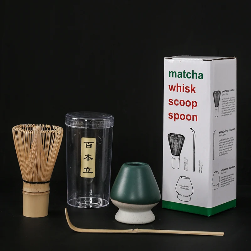 Ensemble de mélangeur matcha japonais en bambou, fait à la main, cuillère à café, agitateur: kaki foncé