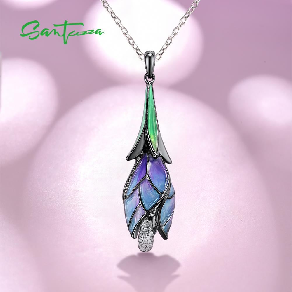 SANTUZZA Silber Anhänger für Frauen Reine 925 Sterling Silber Elegante Tropfen Lila Blume modisch schick Feine Schmuck HANDGEMACHTE Emaille