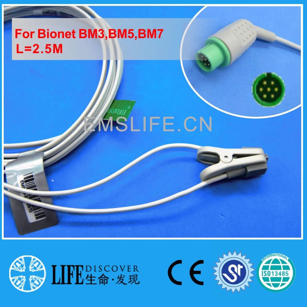 Lange kabel AWT volwassen vinger clip spo2 sensor Voor Bionet BM3, BM5, BM7: child ear clip