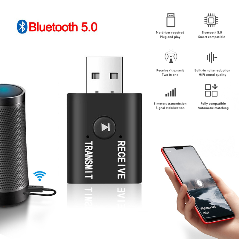 Mini Wireless Bluetooth Receiver Adapter 5.0 Audio Transmitter Stereo Bluetooth Dongle Aux Usb 3.5 Mm For Laptop Tv Pc