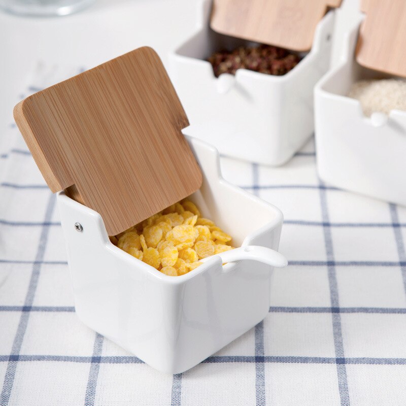 Japansk stil husholdning keramisk krydderflaske sett krydderboks kjøkken salt shaker med bambus lokk skje firkantet lagringsprodukt
