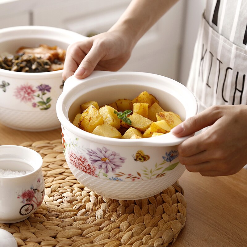 Japansk suppeskål med låg keramiske dobbelte ører stor nudelskål pot kinesisk husholdnings mikrobølgeovn terrin