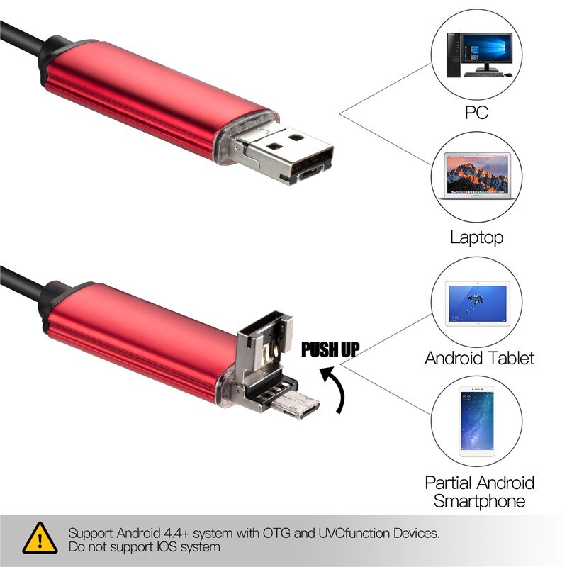 7mm 2 en 1 Endoscope USB Endoscope USB 480P HD 7mm Micro caméra d'inspection pour iphone intelligent: Red / 2M