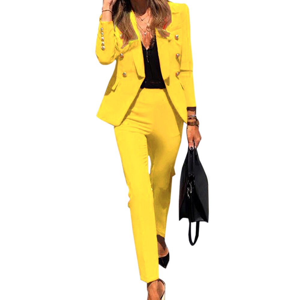 Elegante Blazers Twee Delige Set Vrouwen Notched Lange Mouwen Blazers Jas + Potlood Broek Office Business Trainingspak Outfits: Yellow / XL