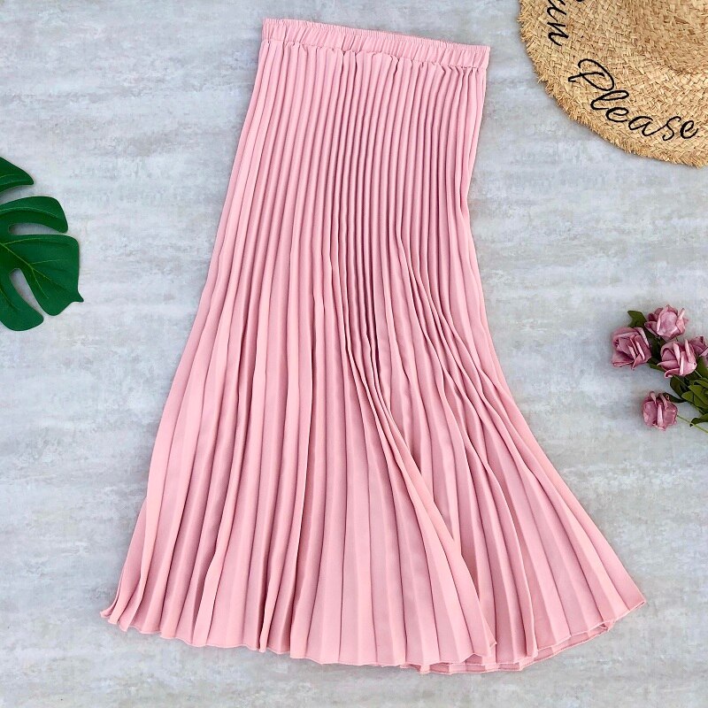 Faldas Midi plisada de gasa para mujer, faldas largas de cintura alta, Color liso, estilo informal, para primavera y verano: pink
