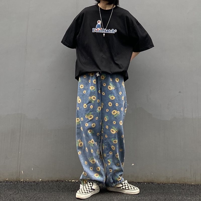 Pantalones vaqueros rectos coreanos a la Retro informal con flores para hombre, pantalones vaqueros holgados de estilo Hip-hop con cordón, pantalones vaqueros para hombre M-XL