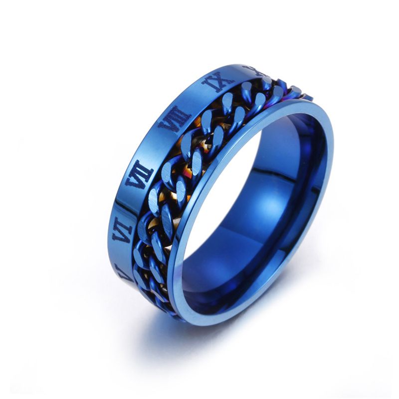 . EDC Finger Fidget Spinner Stainless Steel Chain Rotatable Ring Men Classical Rome Digital Power Sense: Blue Size 6