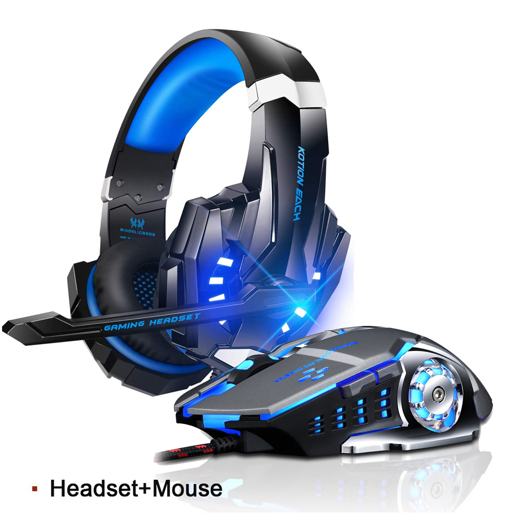 Kotion EACH G9000 Gaming Headset Deep Bass Stereo Game Headphone with Microphone LED Light for PC Laptop+Gaming Mouse+Mice Pad: Blue