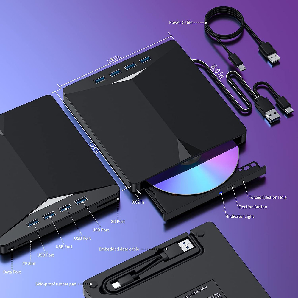 7 em 1 USB 3.0 Tipo C CD externo DVD RW Unidade óptica com porta SD/TF CD/DVD/BD -/+RW Player Burner Writer Reader para laptop PC
