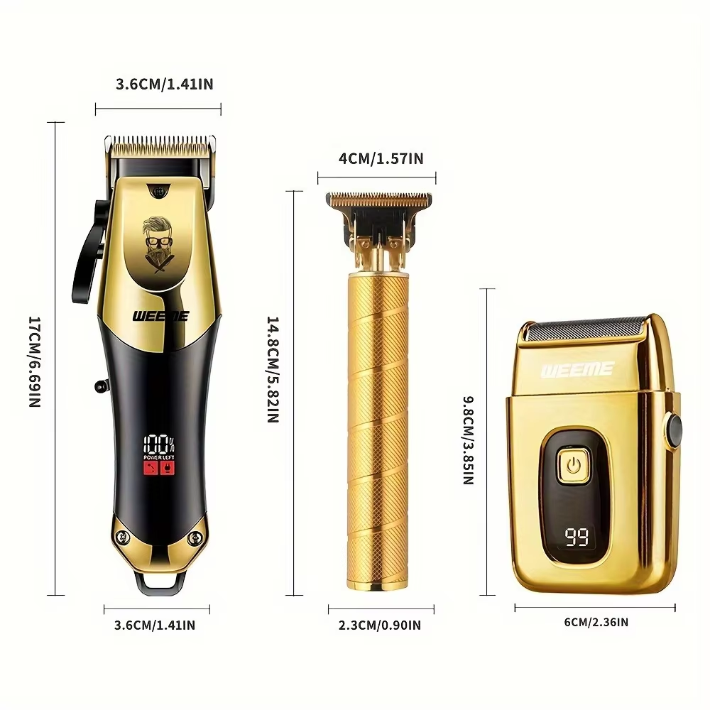 Pflegeset für Herren, 3-teiliges Set, goldene schwarze Haarschneidemaschine mit LCD-Display, wiederaufladbar über USB, 8 Führungskämme, Trimmer und Rasierer