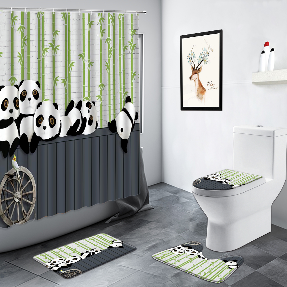 Juego de cortinas de ducha de Panda, alfombra antideslizante de estilo chino de bambú, Animal verde, negro, blanco, divertido: 3576X-4pcs Set