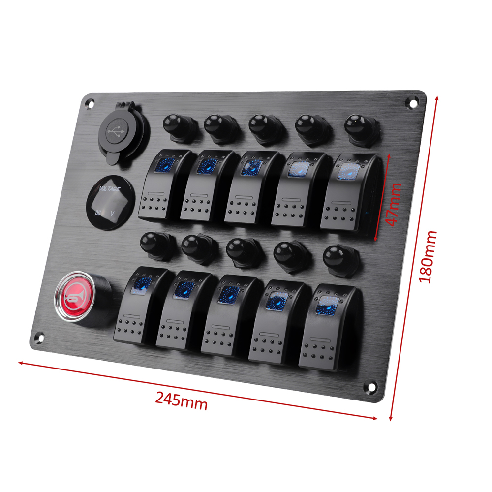 10- gangs bryterpanel vippebryterpanel med 3.1a doble usb-lader + voltmeter for bil, båt, campingvogn