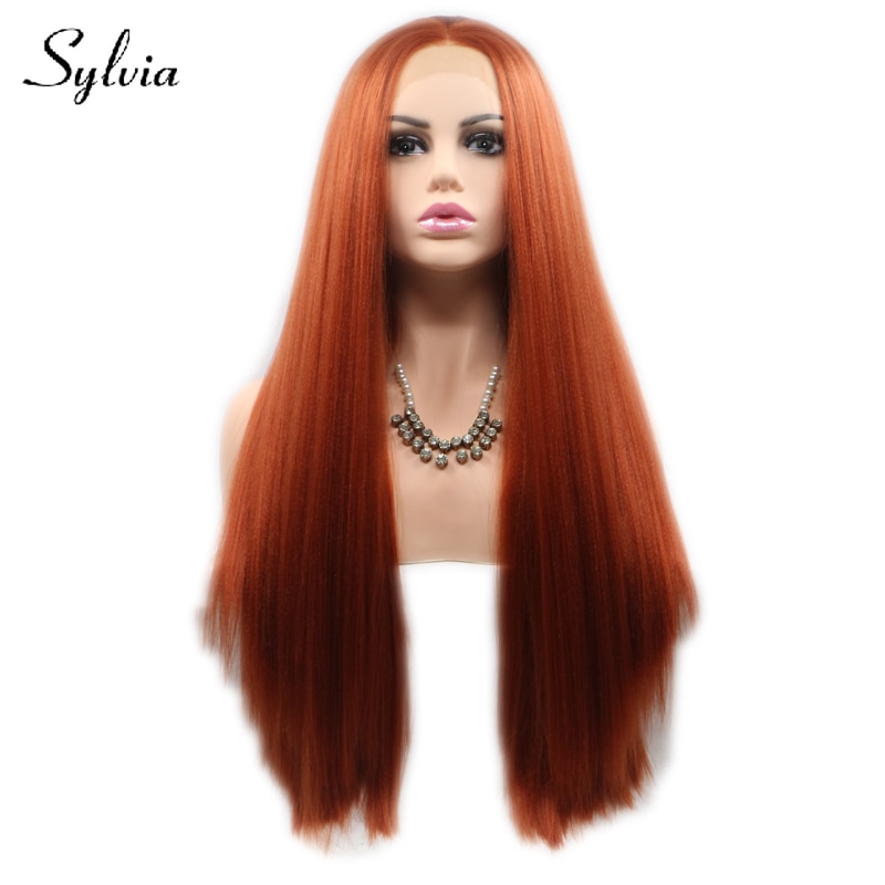 Sylvia 360# Red Brown Yaki Straight Synthetic Lace Front Wigs Natural Glueless Heat Resistant Fiber Hair for Woman