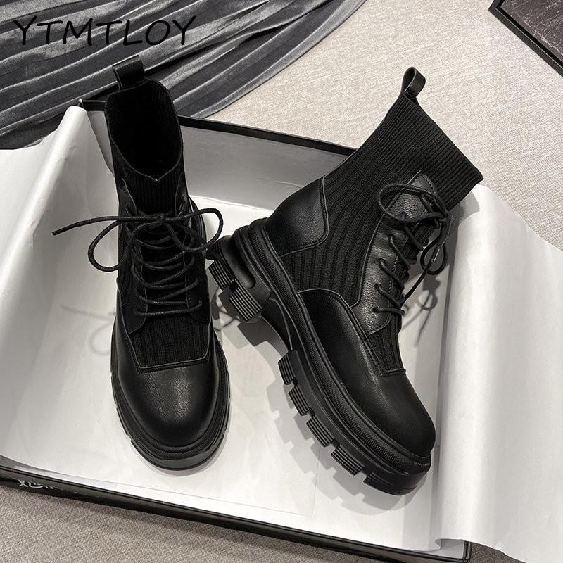 Autumn Winter Women Shoes British Style Handsome Wild Black Pu Basic Lace-up Round Toe Boots Cross-tied