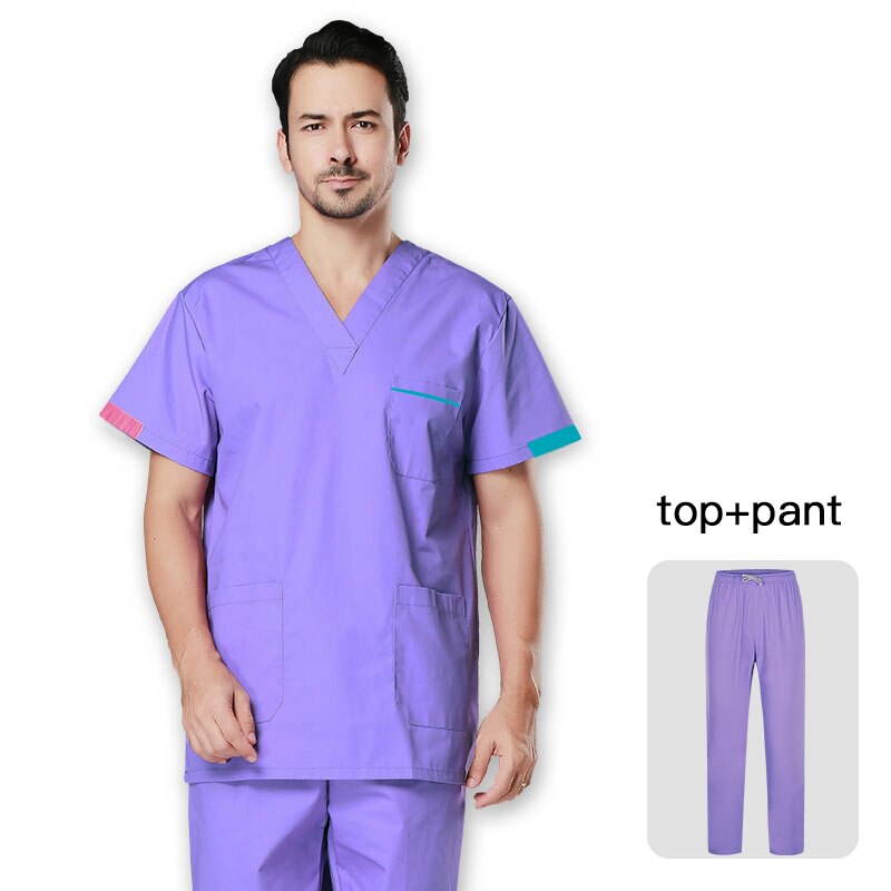 Männer Peelings Eingestellt Sommer Kurzarm V-ausschnitt Spa Uniform Hundesalon Agentur Schönheit Salon Arbeiter Kleidung Pflege Matt Tops Hosen: Purple / S