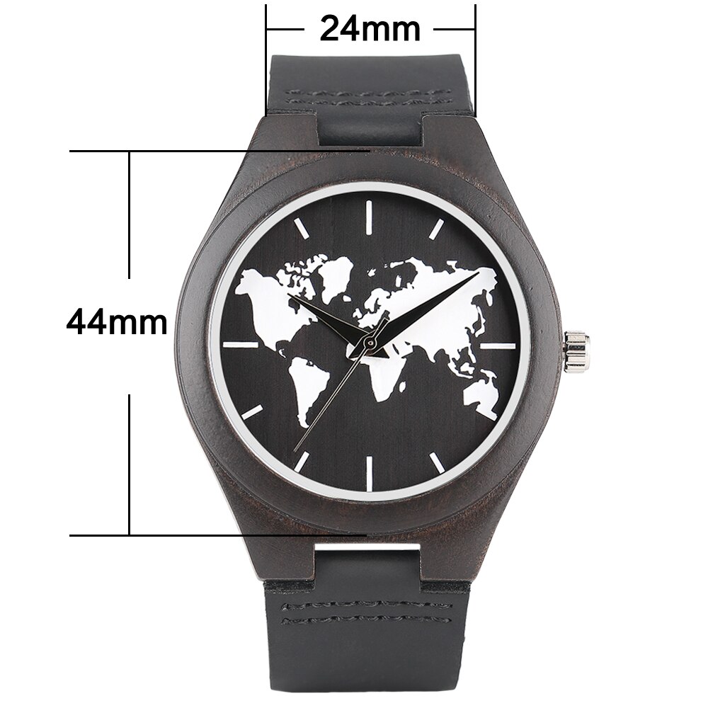 Herenhorloges van hout, zwarte wijzerplaat met wereldkaart, zwart leer, analoog quartz-horloge met sandelhout, houten horloges