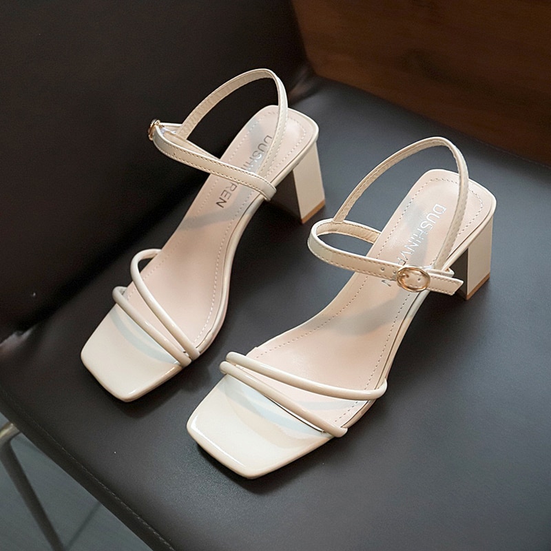 Lazyseal 6cm höga klackar vita sandaler kvinnor sommarrep ankelrem sandaler dam fyrkantiga klackar klassiker skor gula tofflor