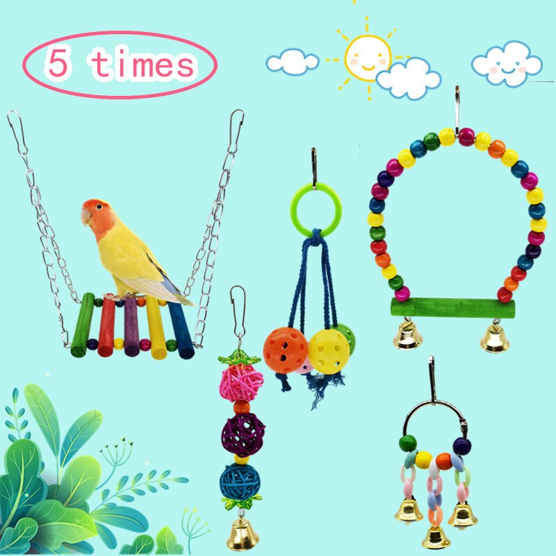 Papegøje kombination fugle legetøj sæt, lille fugl bur, farverig bro, klokke, sepak takraw gynge tilbehør legetøj dekoration
