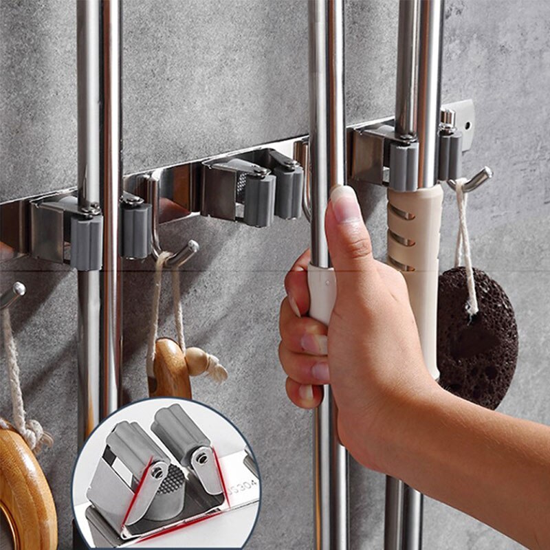 Stainless Steel Mop Holder Wall Hook Punch-free Strong Glue Wall Mounted Mop Organizer Holder Brush Broom Hanger