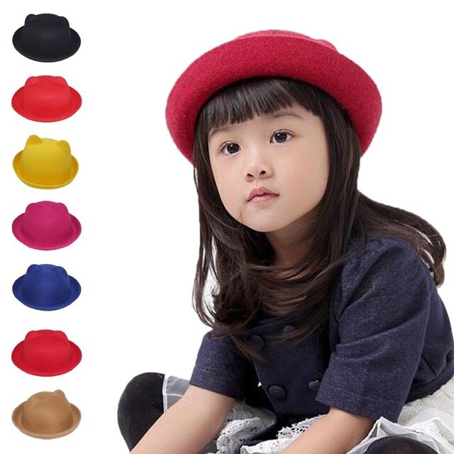 Girls Children Fedoras Hat Spring Bowler Hat Roll Brim Dome Top Hat Devil Horns Cat Ear Felt Wool Sun Hat Good Package 20