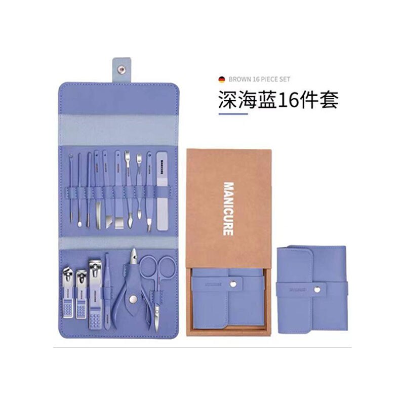 Juego de utensilios para el cuidado de las uñas, cortador de uñas de acero inoxidable, herramientas para el cuidado de las uñas y los pies, herramientas de manicura de belleza, juego portátil de viaje, 16 Uds.: Azul