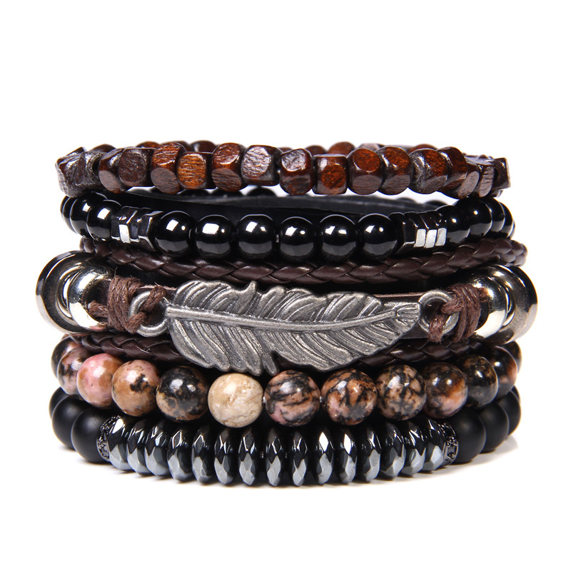 Pulsera de cuentas de madera multicapa para hombre, pulsera de cuerda de cuero marrón Vintage hecha a mano, pulseras nuevas étnicas, brazalete, de joyería 2024