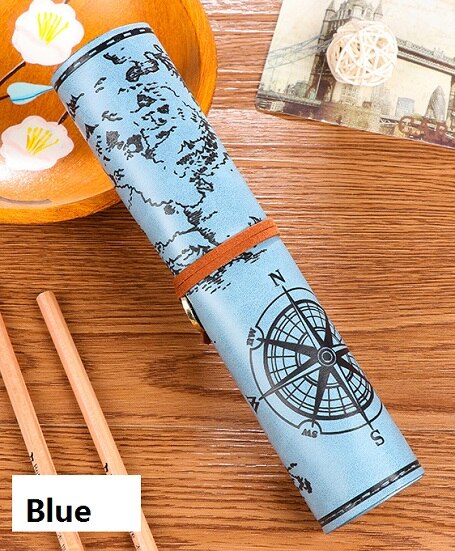 Mariyana etui retro schatkaart etui vintage luxe oprolbaar zakje leren pu etui schrijfwaren: Blauw