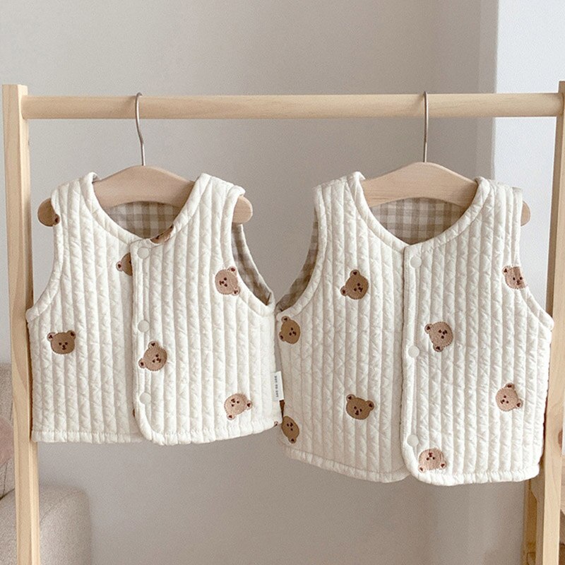 Baby Vesten Winter Herfst Dikke Katoenen Gewatteerde Geborduurde Beer Pasgeboren Vest Baby Jongens Meisjes Jas Jas Kleding 3-24M