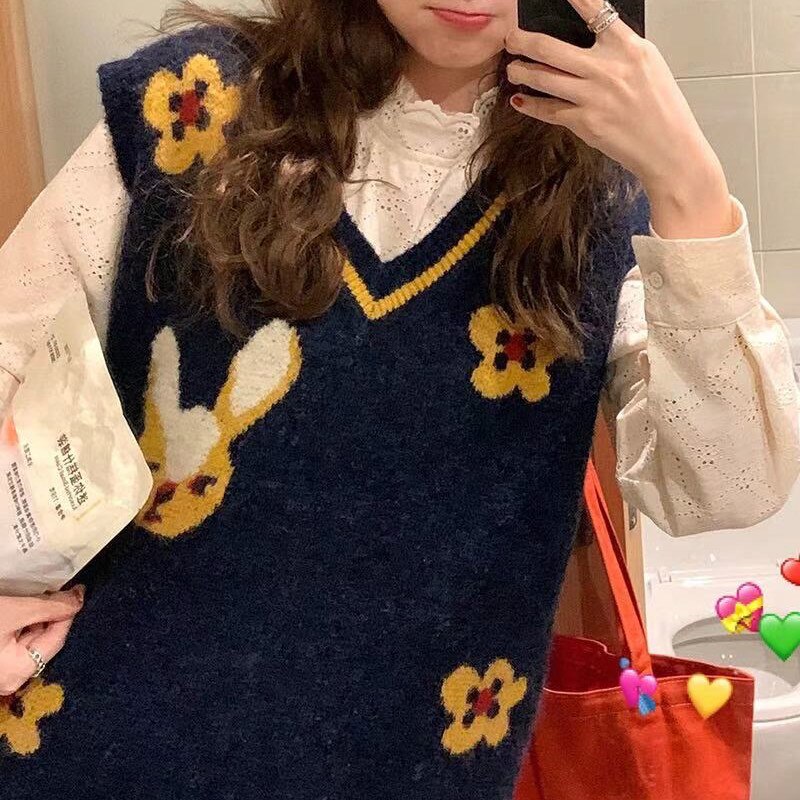 Fat Boss Wang Qiu Dong Season with A Sleeveless Sweater Wears Outside Cute Cartoon Female Vest Vest