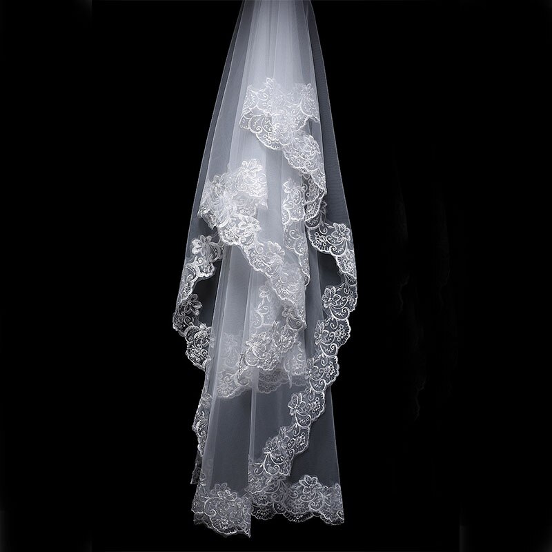 1.5M panna młoda czarny welon jednowarstwowy ślub Vail krótki ślubny welon Appliqued koronkowy biały szampan kość słoniowa welon Accessoire Mariage: biały