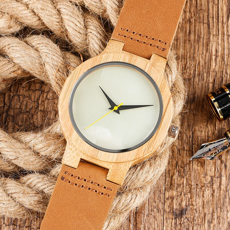 Mannen Quartz Houten Horloges Bamboe Natuur Lederen Band Vrouwen Pols-Horloge Marmer Patroon Gezicht Minimalistische Creatieve Klok