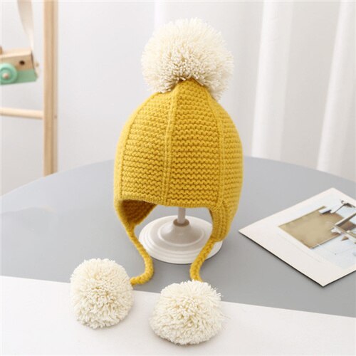 Winter gebreide warme babymuts schattige dubbele pompon baby jongen meisje muts oorbescherming mutsen kindermuts 3 to 24 maanden: Geel