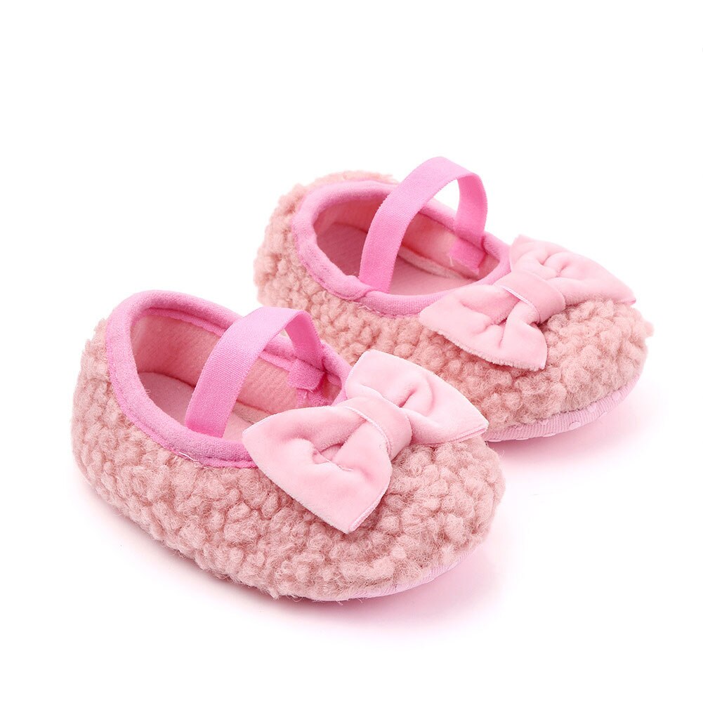 Baby Boys Girls Fleece Slippers Soft Sole Crib Shoes With Bow Anti-Slip Fleece Solid Color Toddler First Walker Shoes: Pink / 13-18 Months