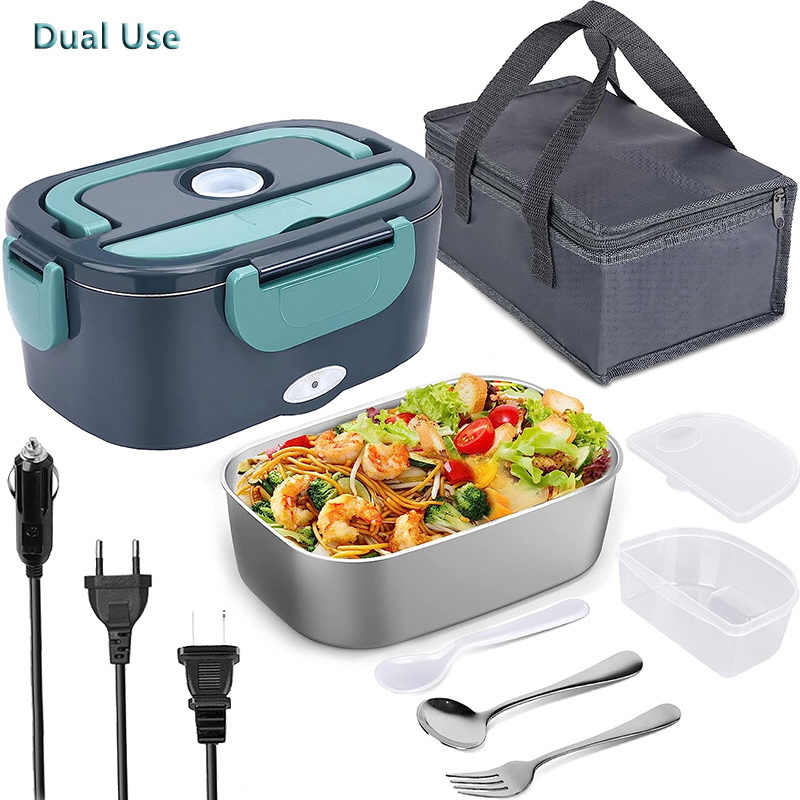 220V 110V 12V 24V Dual Use Home Car Electric Heating Lunch Box Leakproof Portable Food Warmer Heated Container Stainless Steel