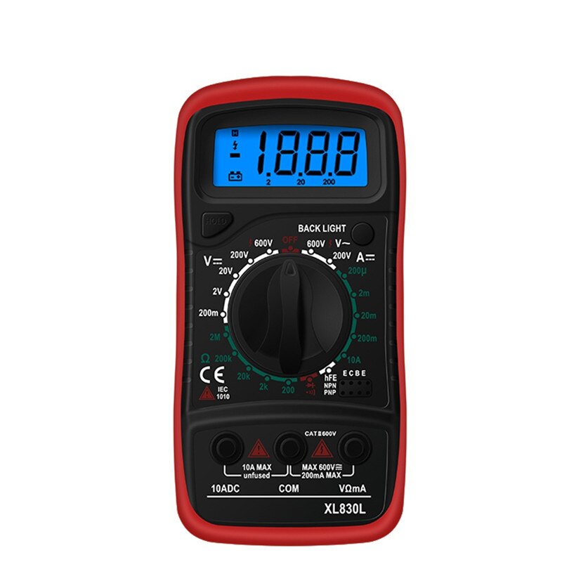 Håndholdt digitalt multimeter lcd-baggrundslys bærbart ac / dc-amperemeter voltmeter ohm spændingstester meter multimetro  xl830l: Rød