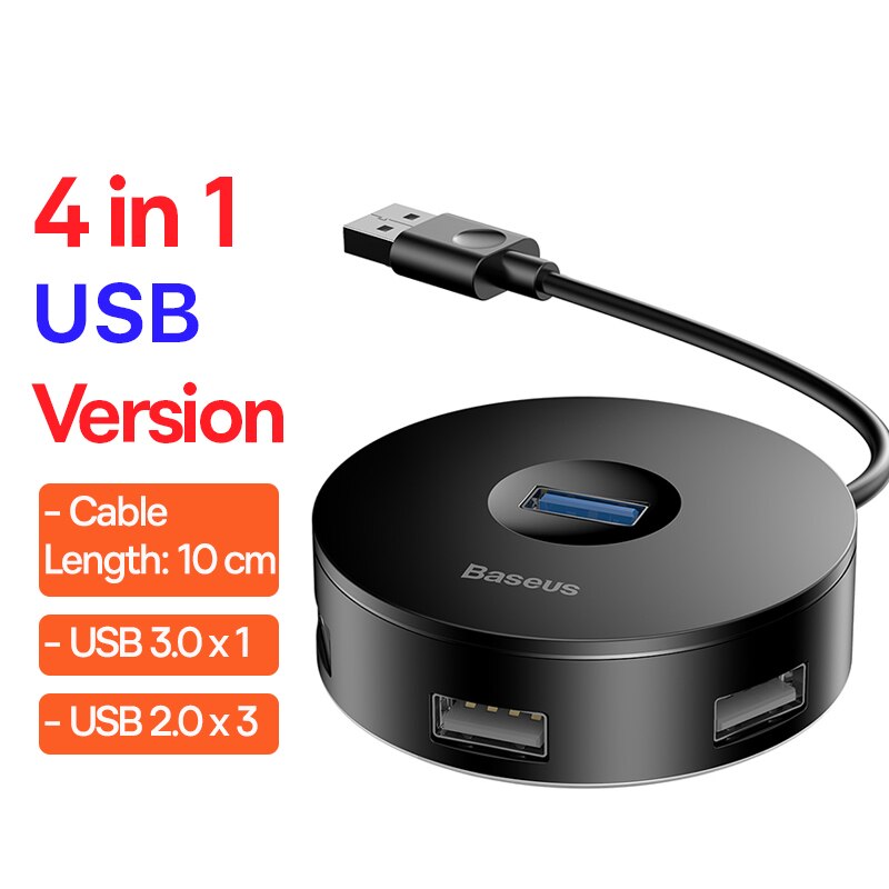 Baseus Usb Hub 4 In 1 Usb C Hub Usb Type C Naar Multi Usb 3.0 Adapter Voor Macbook Pro air Huawei Mate 30 USB-C 3.0 Splitter: USB 10cm Black