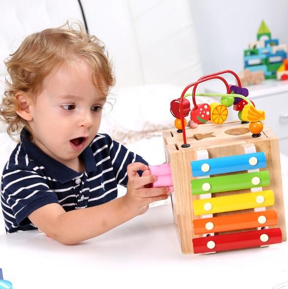 Color wooden bead beaded multi-function four-sided treasure box intelligence box early education puzzle children's toys