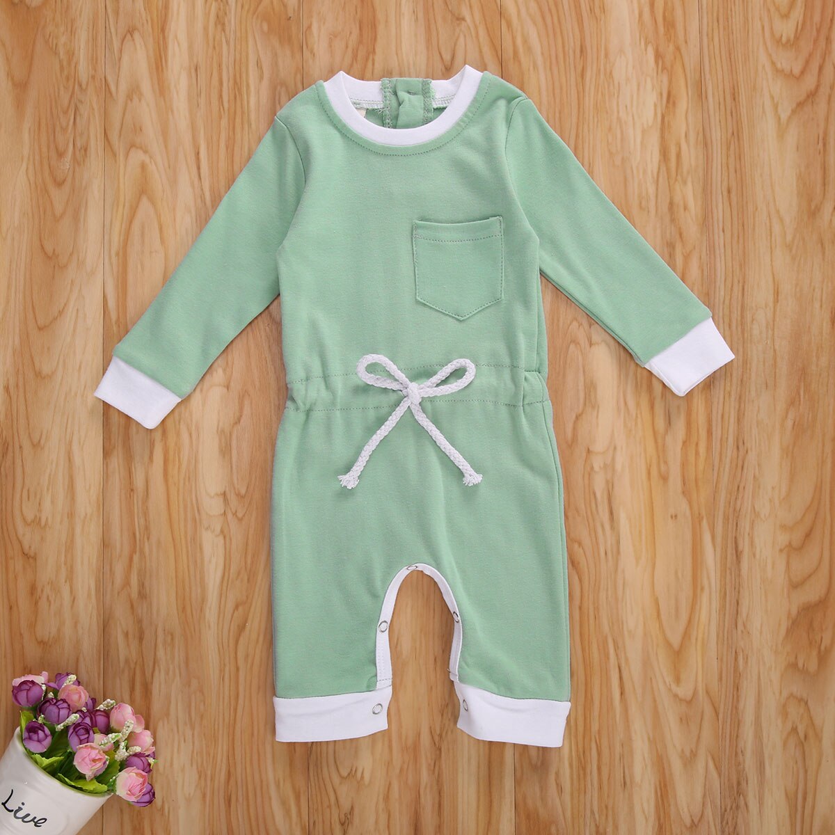 Baby Baby Meisjes Jongens Solid Romper Lange Mouwen Elastische Taille Een Stuk Jumpsuit Met Front Pocket Lente Herfst Kleding