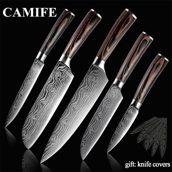 Super 8"inch Utility Chef Knives Imitation Damascus Steel Vein Santoku Kitchen Knives Carving Cleaver Slicing Knife: I.5 Pcs set