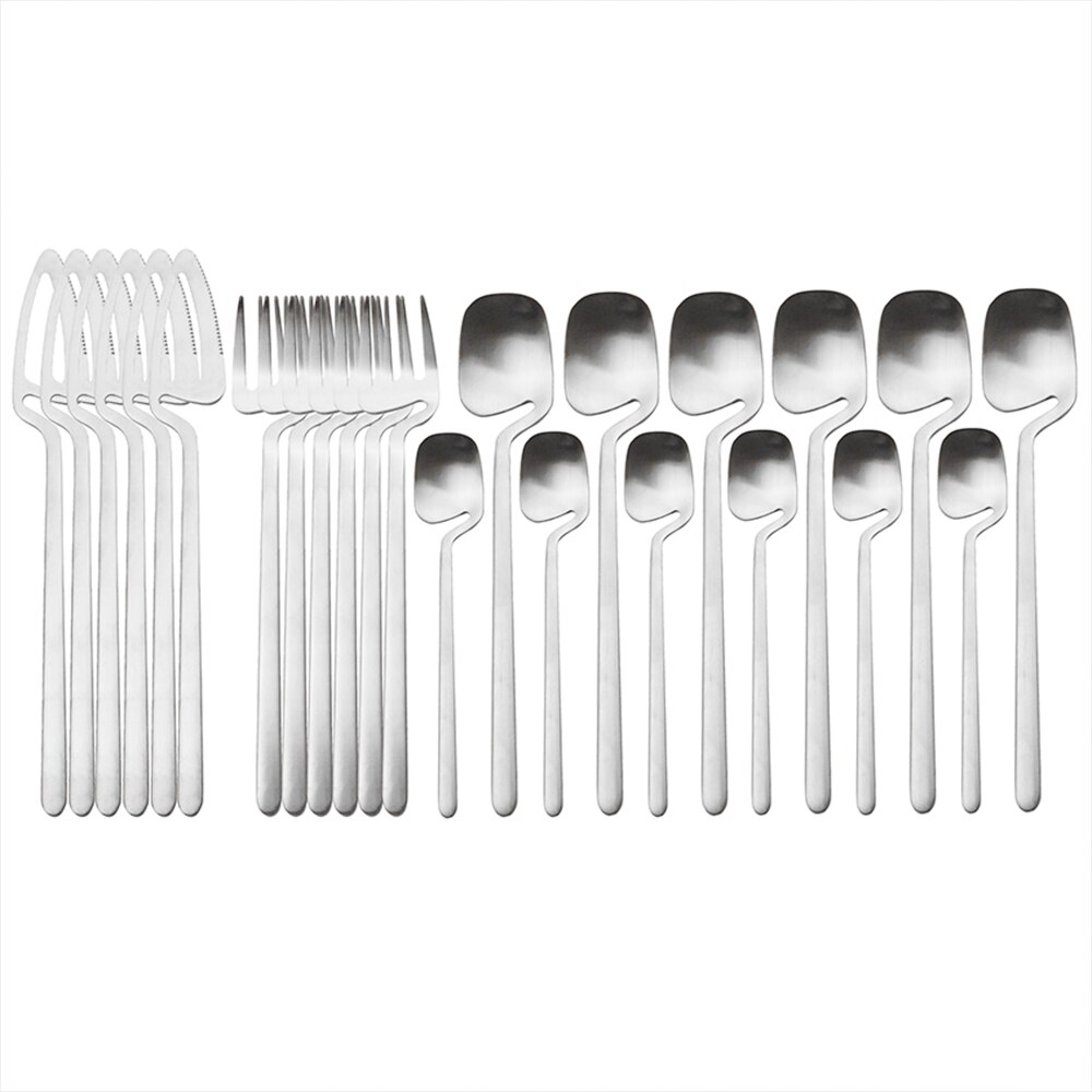 24 Stks/set Zwart Matte Bestek Set Voor Cake 304 Rvs Dessert Set Mes Vork Lepel Diner Set Keuken Bestek set: Silver for 6