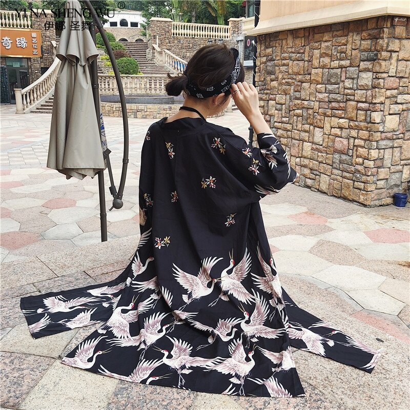 Kimono japonés de tipo Yukata Kimono Cardigan blusa de mujeres de manga larga Cardigan Haori Kimonos tradicionales cinturón de vestido largo