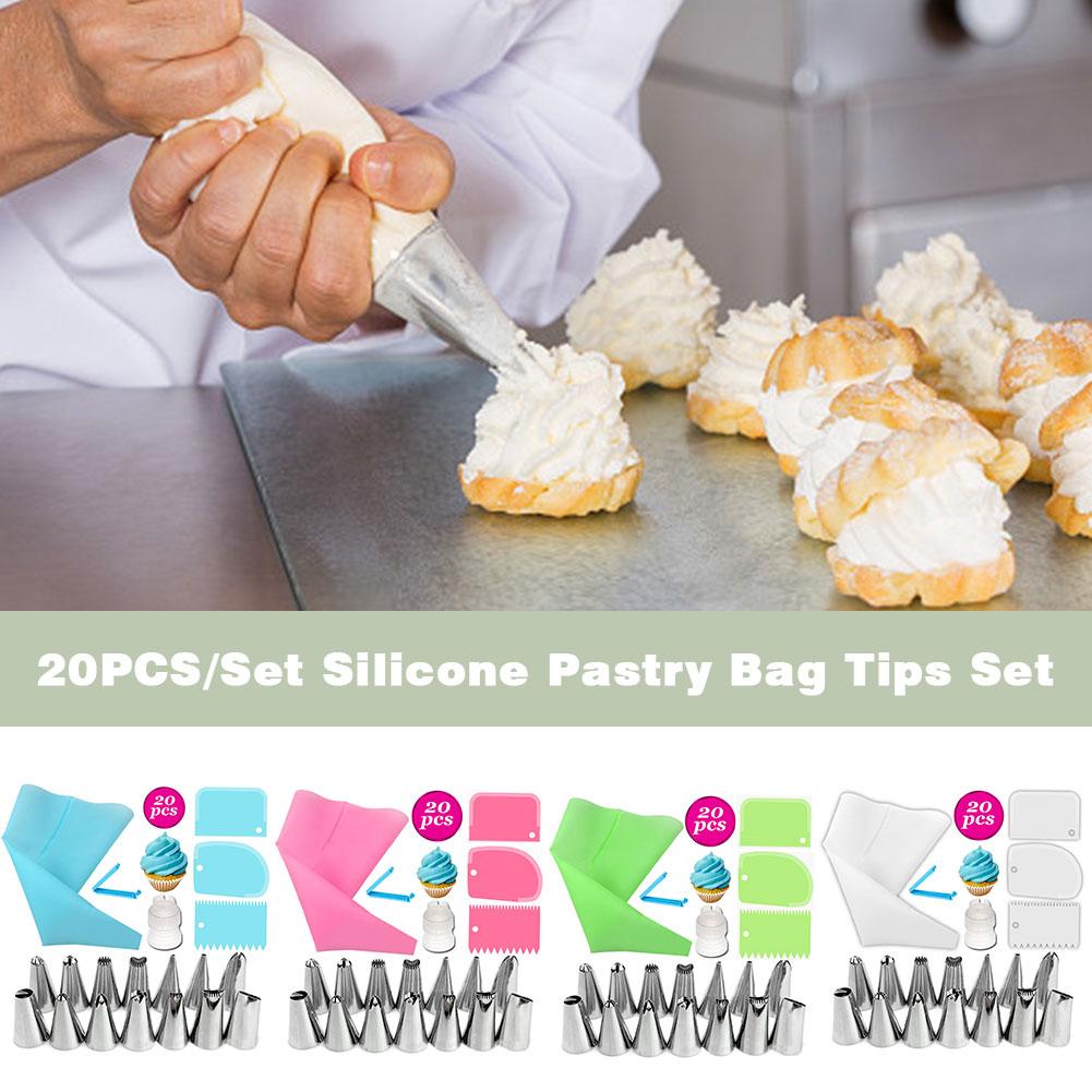 Juego de 20 unidades de boquillas para manga pastelera, bolso de hojaldre de silicona, Kit de herramientas de decoración de tartas, accesorios de cocina reutilizables para manga pastelera DIY