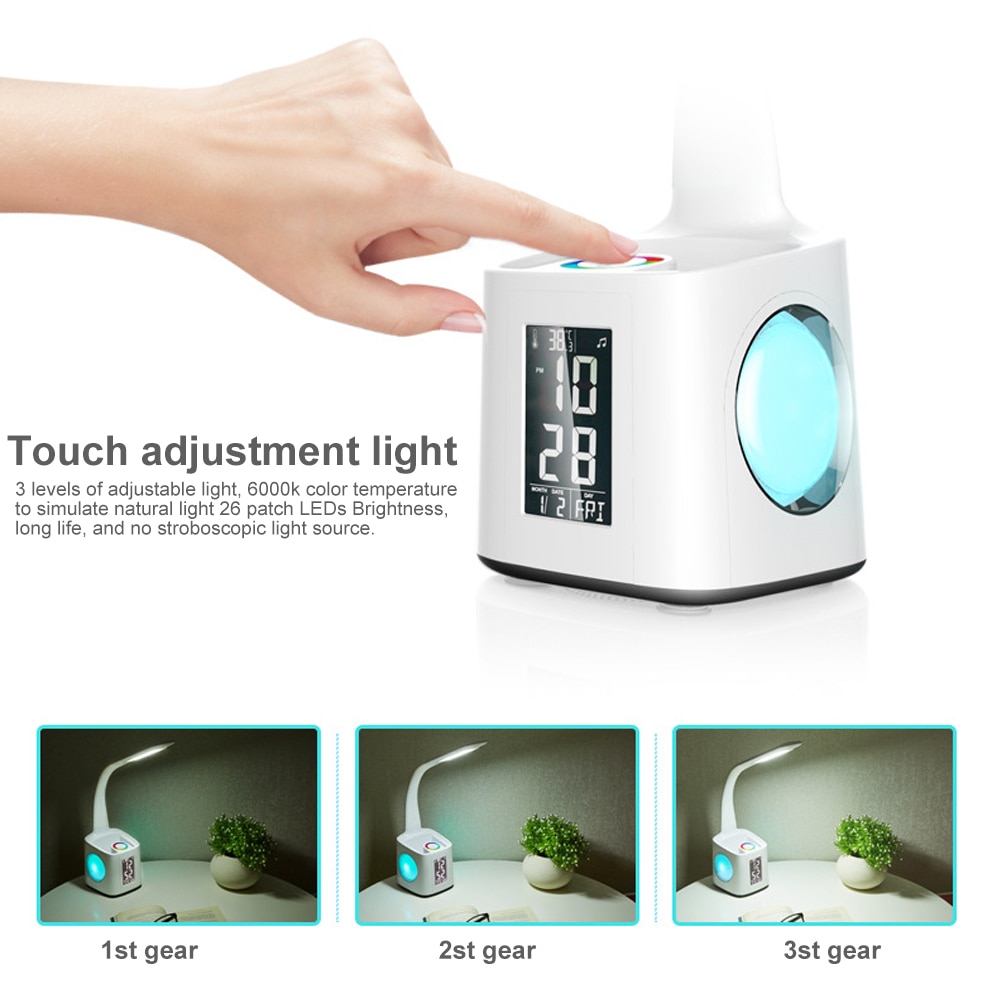 Lampe de bureau à led avec chargeur usb, veilleuse, réveil, thermomètre, calendrier, variateur à 3- niveaux, lampe de table avec porte-stylo et ventilateur